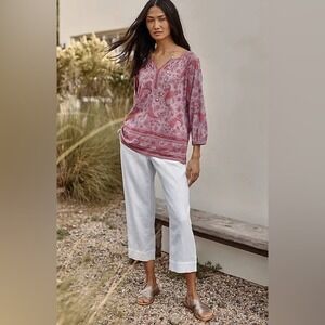 Pure Jill Linen High Rise Trapunto-Stitched Pants Size Large white cuffed ankle